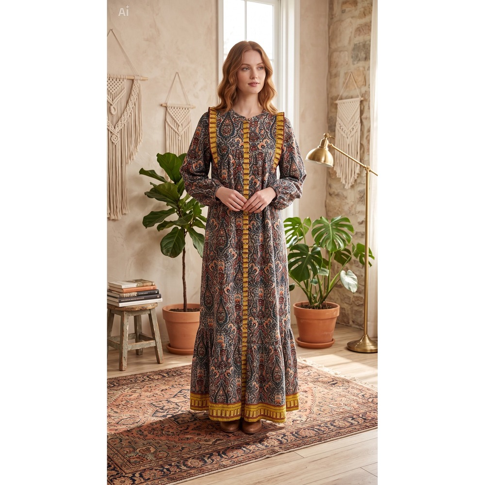Cleobella Paisley Ruffle Tiered Midi Dress Multicolor Boho Long Sleeve Small
